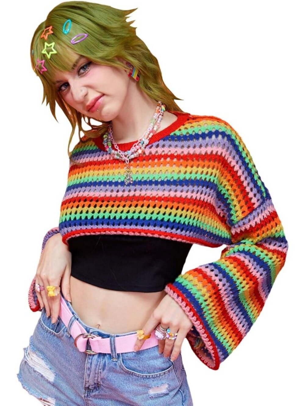 Y2K Crochet Crop Top, Hollow Out Long Sleeve Sweater, Knit Rainbow Casual